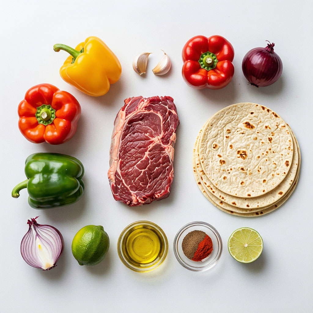 Продукты для приготовления фахитос: говядина, перцы, лайм, тортильи и специи.