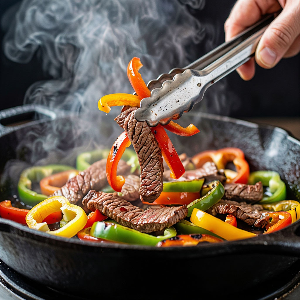 Обжарка мяса и овощей на раскаленной сковороде, процесс приготовления фахитос.