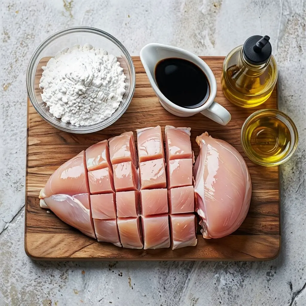 Ингредиенты для Кунг Пао: курица, соевый соус, крахмал и овощи на столе.