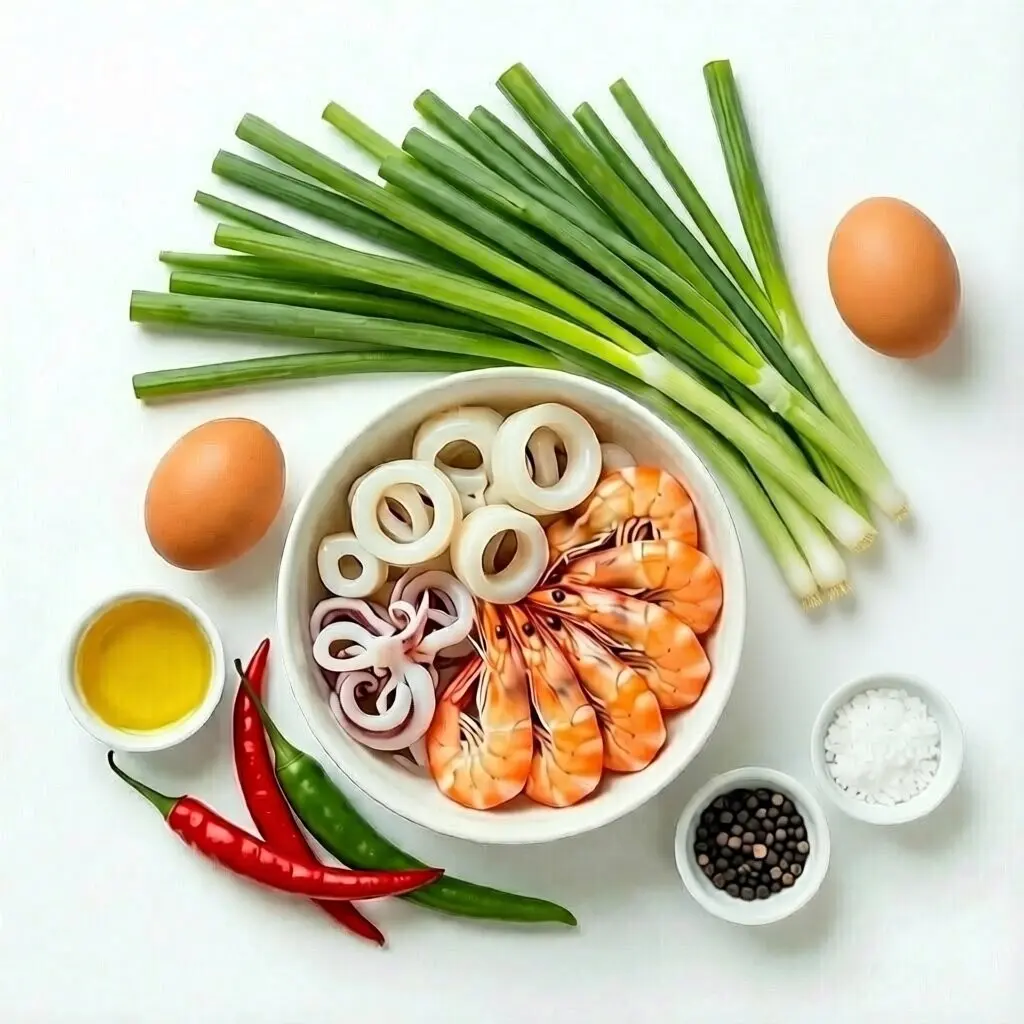 Ингредиенты для корейского блина Хемуль Паджон: морепродукты, чёрный перец, зеленый лук, масло, яйца, и перец чили на белом фоне.
