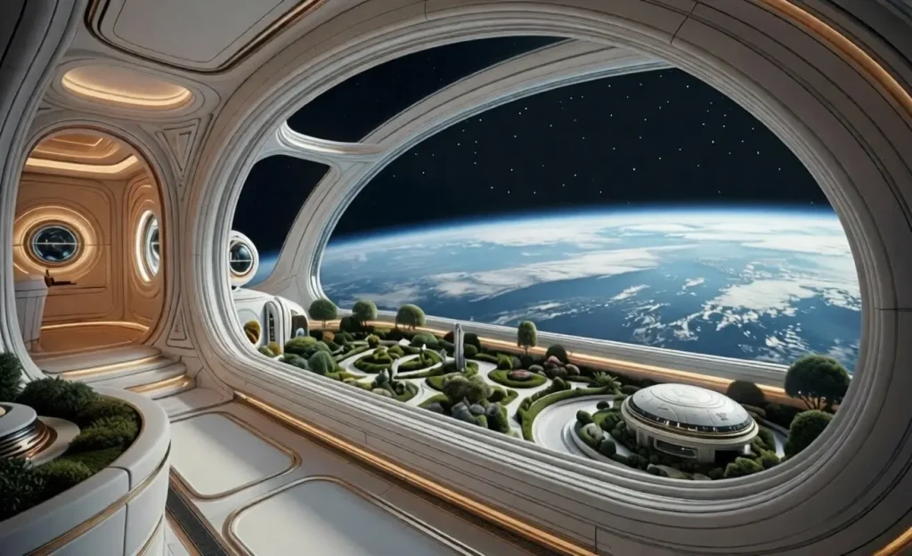 ark-spaceship-interior-garden-earth-view.webp (1) Панорамный вид из оранжереи космического корабля-ковчега на Землю в начале миссии