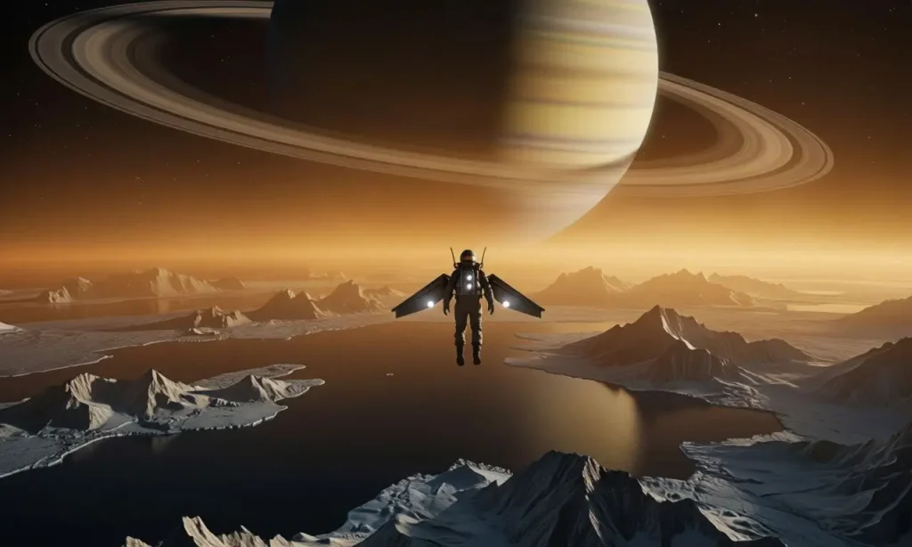 human-flight-on-titan-wingsuit.webp Колонист в костюме с крыльями совершает полет над метановыми озерами и ледяными горами Титана на фоне Сатурна