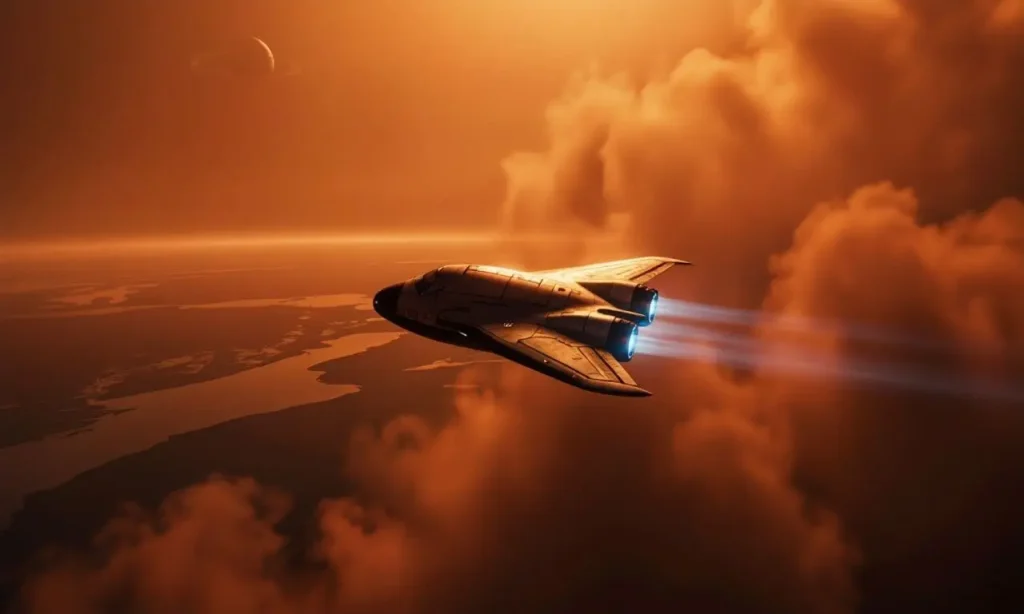 shuttle-ship-descending-into-titan-atmosphere.webp Многоразовый челнок «мини-корабль» входит в плотную атмосферу Титана на фоне Сатурна