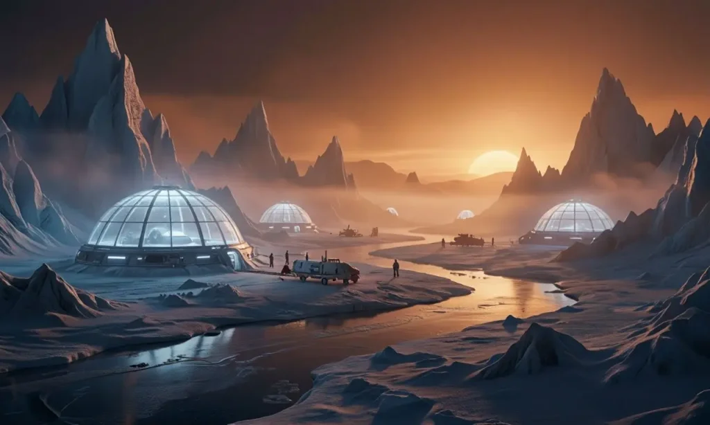 titan-colony-ice-domes.webp Футуристическая колония на Титане с куполами среди ледяных гор и метановых рек