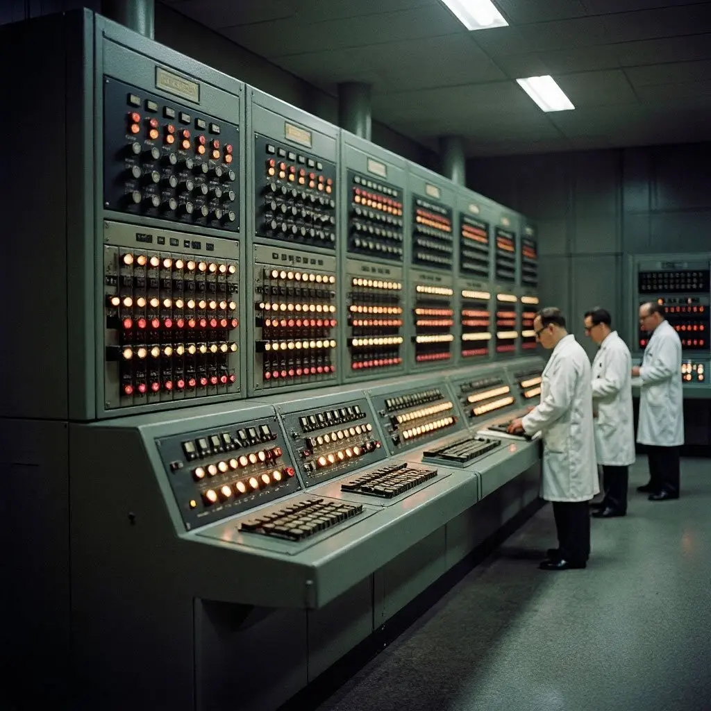 Инженеры за пультом управления первого коммерческого компьютера UNIVAC I, 1951 год.