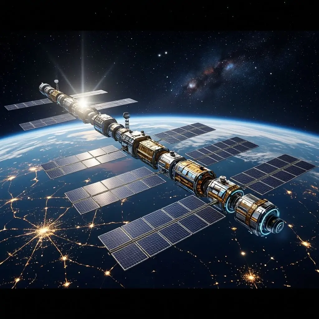 Космическая солнечная электростанция SBSP Орбитальная космическая солнечная электростанция SBSP на орбите Земли